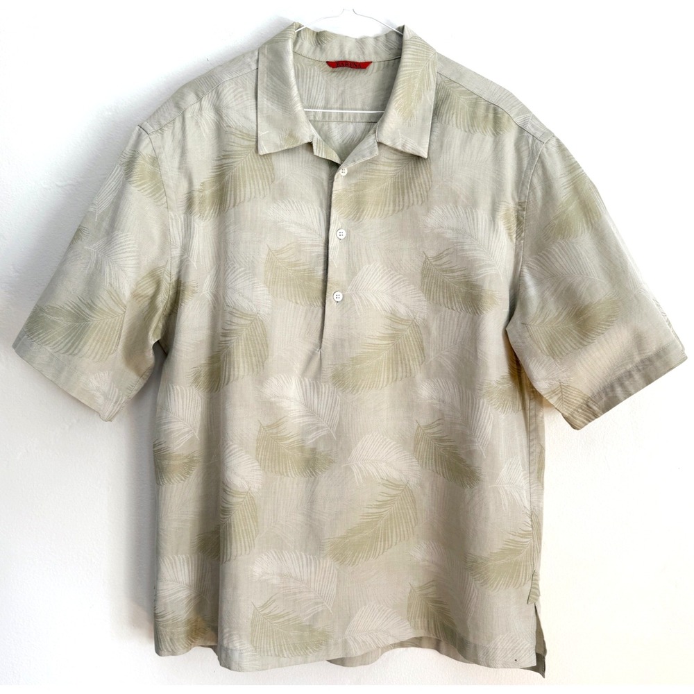BARENA Venezia Italy Palm Leaf Print Beige Camp Shirt Size 50 Menswear Italian